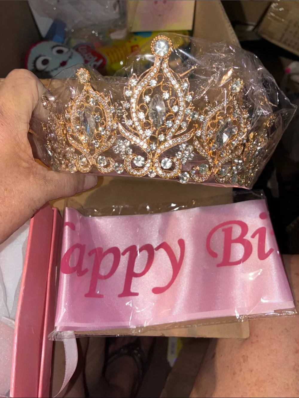 Rose Gold Crystal Tiara Crown with Pink 